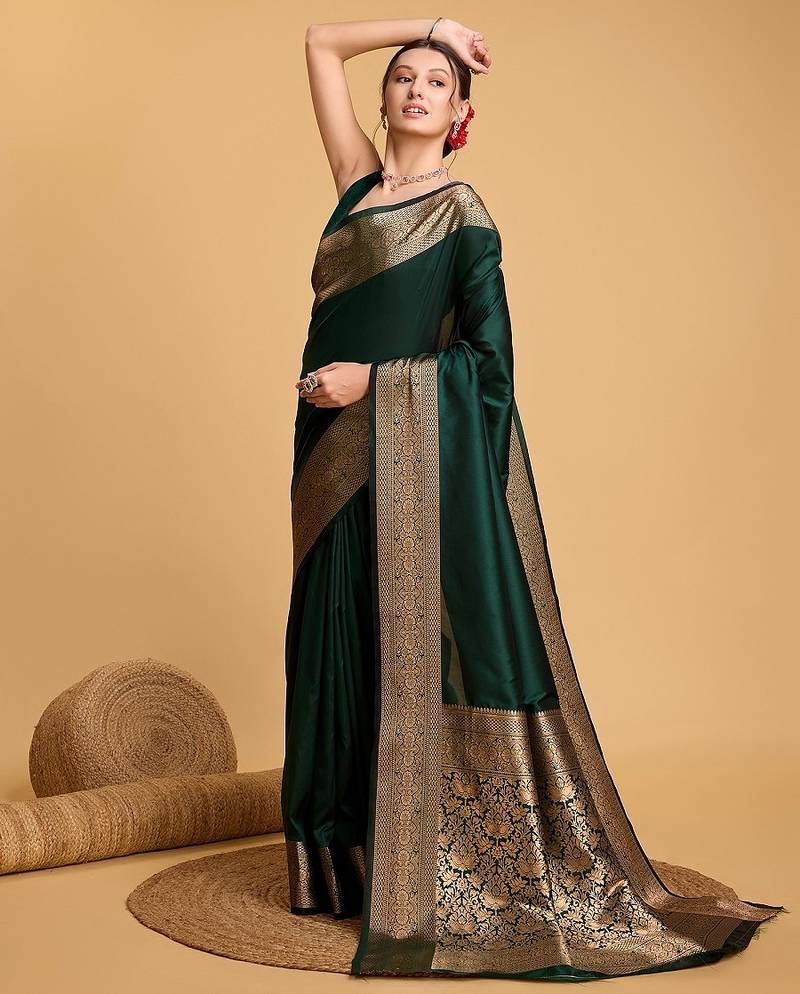 Dark green zari work pure silk saree with blouse
