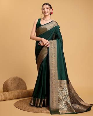 dark green zari work silk blend saree with blouse 2