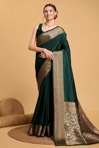 dark green zari work silk blend saree with blouse
