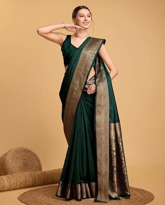 dark green zari work silk blend saree with blouse 3