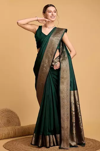 dark green zari work silk blend saree with blouse