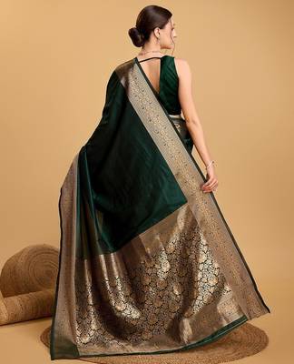 dark green zari work silk blend saree with blouse 4