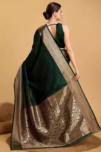 dark green zari work silk blend saree with blouse