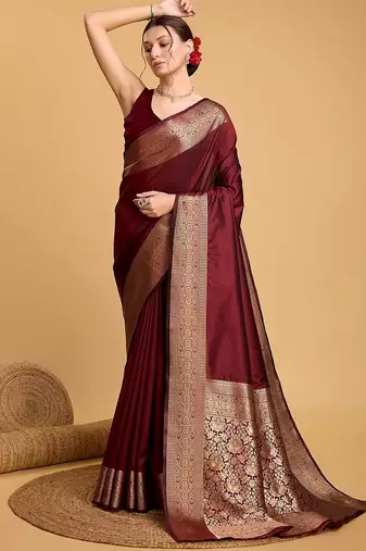 maroon zari work silk blend saree with blouse