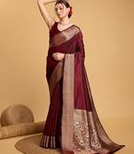 maroon zari work silk blend saree with blouse