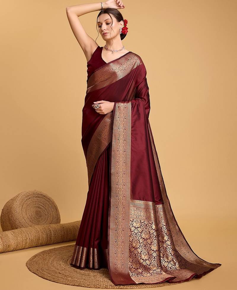 Maroon zari work pure silk saree with blouse