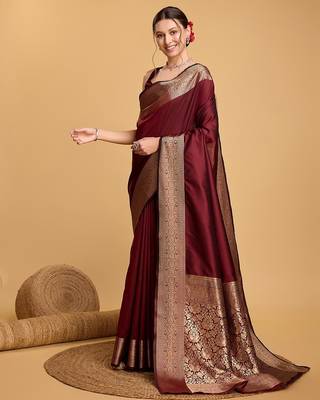 maroon zari work silk blend saree with blouse 2