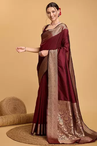 maroon zari work silk blend saree with blouse