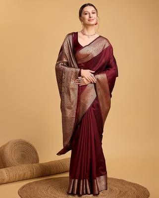 maroon zari work silk blend saree with blouse 3
