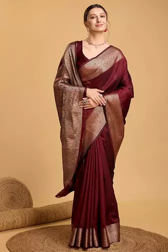 maroon zari work silk blend saree with blouse