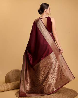 maroon zari work silk blend saree with blouse 4