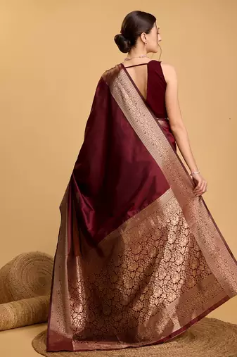 maroon zari work silk blend saree with blouse