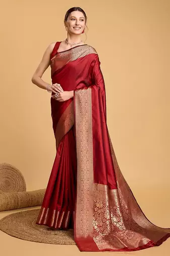 red zari work silk blend saree with blouse