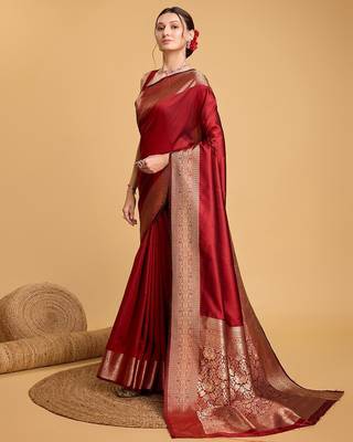 red zari work silk blend saree with blouse 2