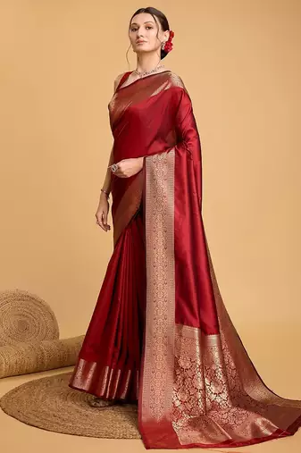 red zari work silk blend saree with blouse