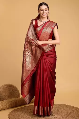 red zari work silk blend saree with blouse