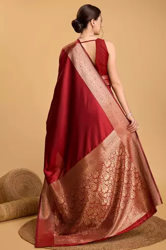 red zari work silk blend saree with blouse
