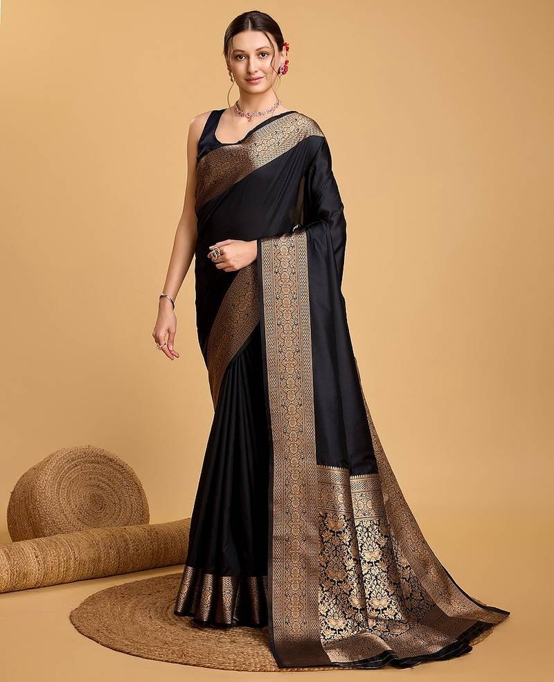 Black zari work pure silk saree with blouse