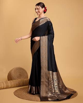 black zari work silk blend saree with blouse 2