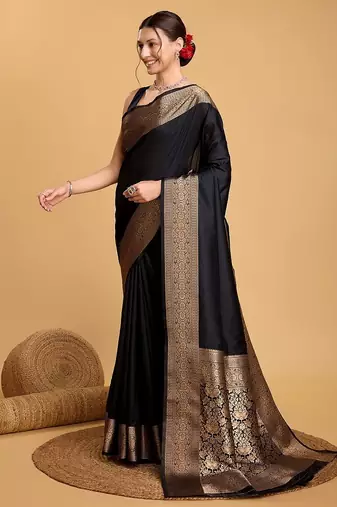 black zari work silk blend saree with blouse