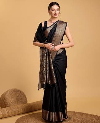black zari work silk blend saree with blouse 3