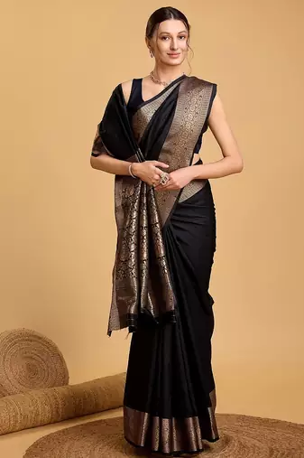 black zari work silk blend saree with blouse