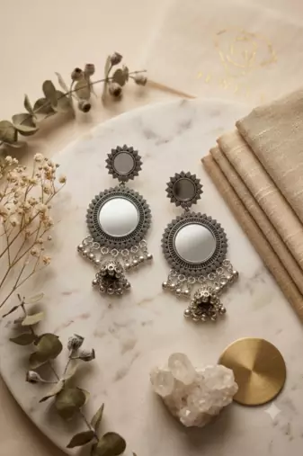 Oxidized silver chandbali jhumka earrings with faux pearl drops