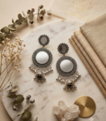 Oxidized silver chandbali jhumka earrings with faux pearl drops