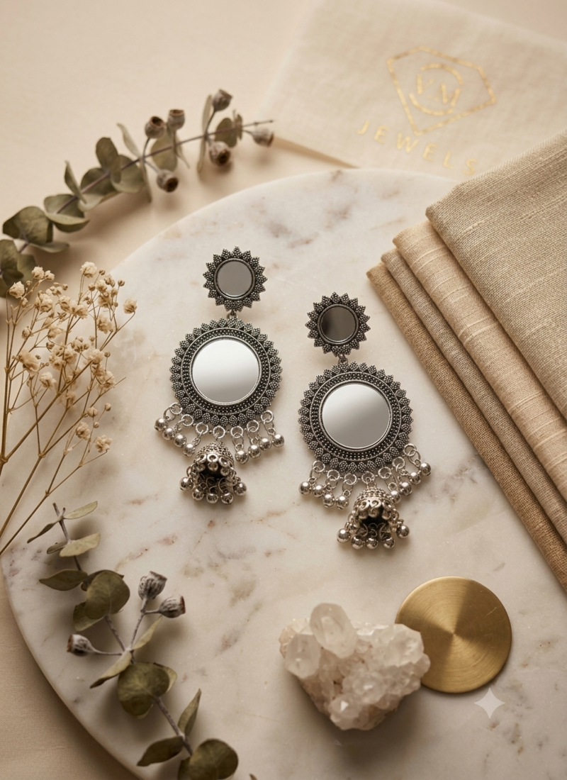Oxidized silver chandbali jhumka earrings with faux pearl drops
