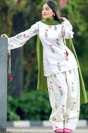 White cotton printed kurta pant set