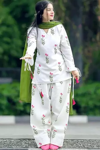 White cotton printed kurta pant set