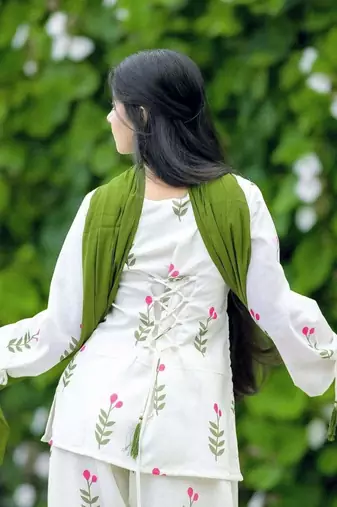 White cotton printed kurta pant set