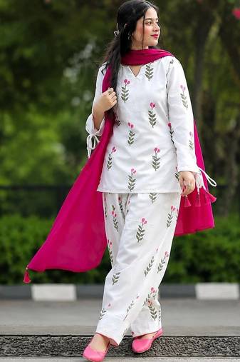 White cotton printed kurta pant set