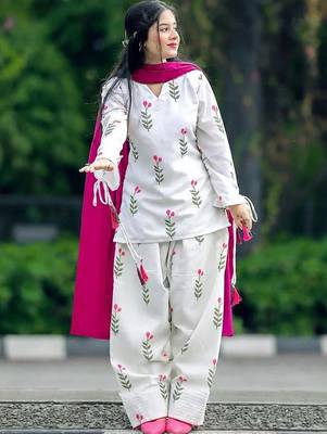 White cotton printed kurta pant set 2