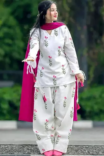 White cotton printed kurta pant set