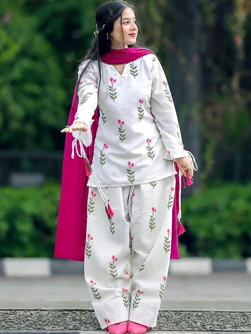 White cotton printed kurta pant set