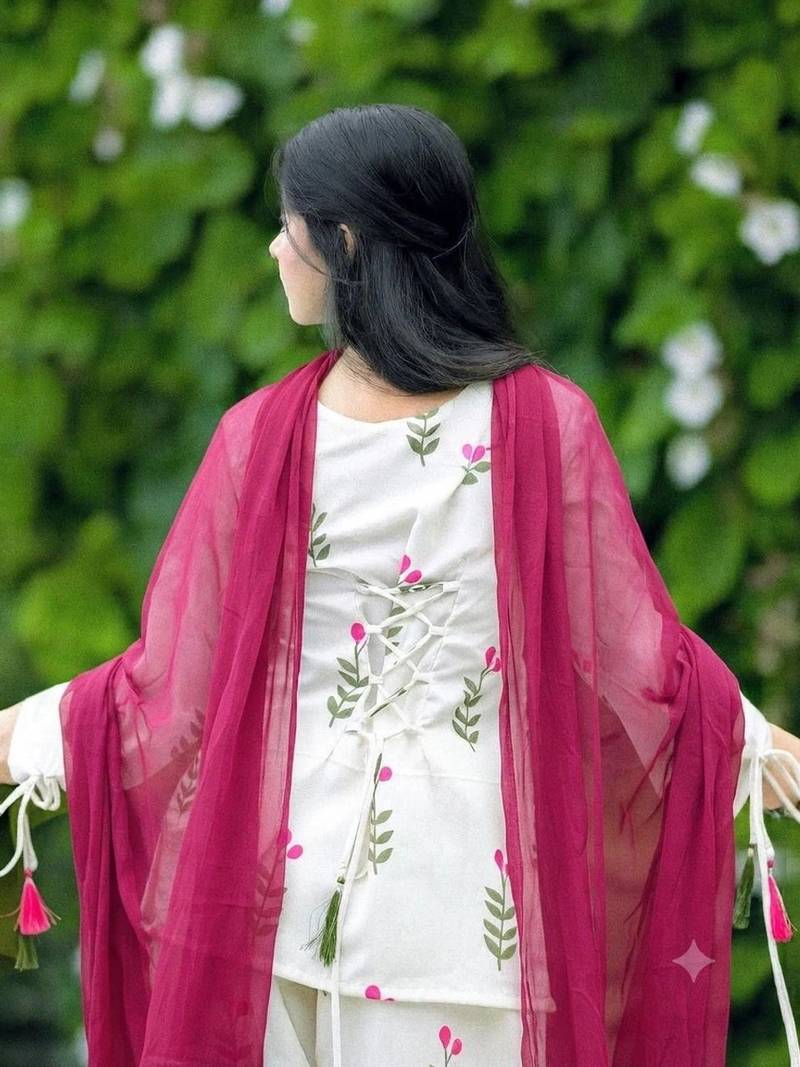 White cotton printed kurta pant set