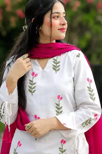 White cotton printed kurta pant set