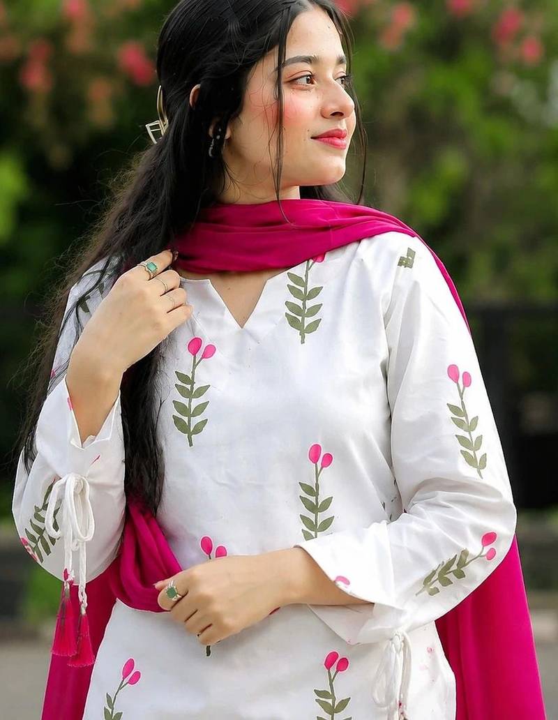 White cotton printed kurta pant set