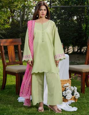 Pista green roman silk heavy thread embroidery work with printed dupatta kurta pant set 1