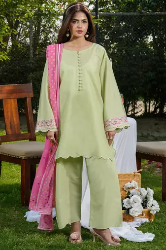 Pista green roman silk heavy thread embroidery work with printed dupatta kurta pant set