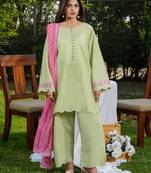 Pista green roman silk heavy thread embroidery work with printed dupatta kurta pant set