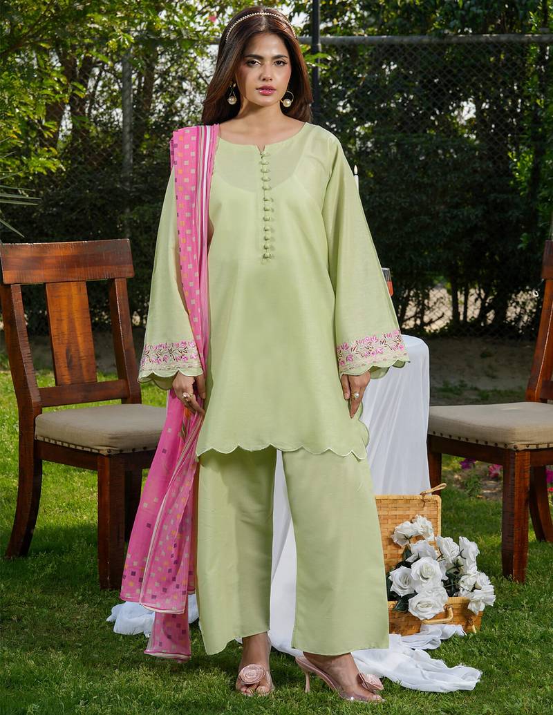 Pista green roman silk heavy thread embroidery work with printed dupatta kurta pant set
