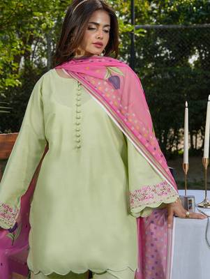 Pista green roman silk heavy thread embroidery work with printed dupatta kurta pant set 2