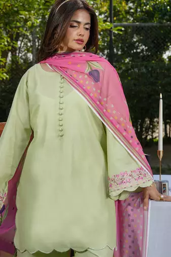Pista green roman silk heavy thread embroidery work with printed dupatta kurta pant set
