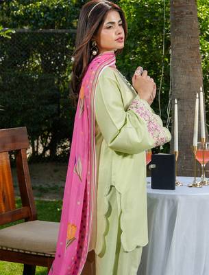 Pista green roman silk heavy thread embroidery work with printed dupatta kurta pant set 3