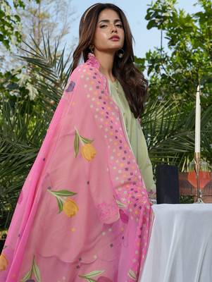 Pista green roman silk heavy thread embroidery work with printed dupatta kurta pant set 5