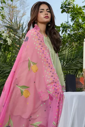 Pista green roman silk heavy thread embroidery work with printed dupatta kurta pant set