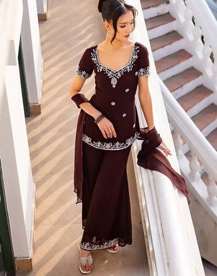 Brown georgette heavy thread embroidery work kurta palazzo set 1