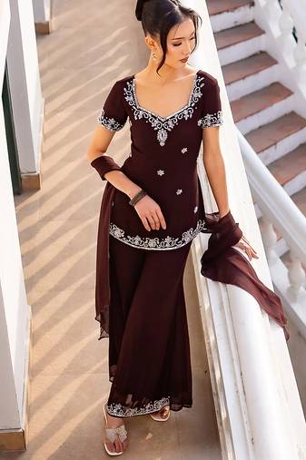 Brown georgette heavy thread embroidery work kurta palazzo set